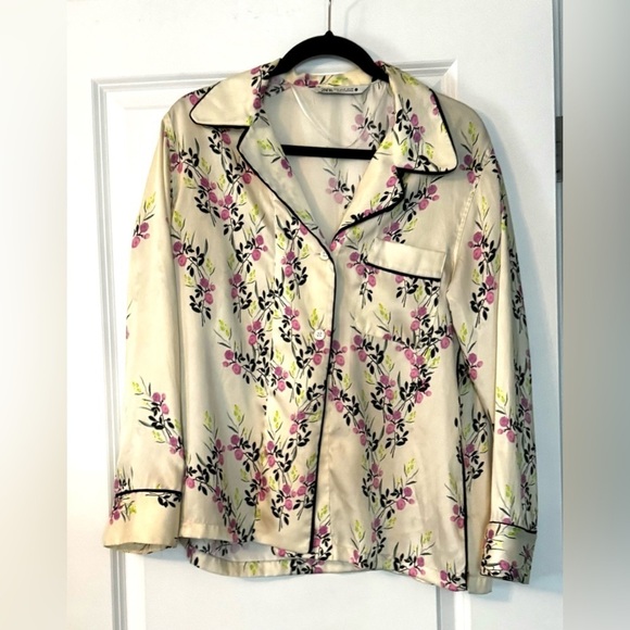 Zara Ecru Printed Piped Shirt Button Up Floral Blouse Women’s - Picture 8 of 8